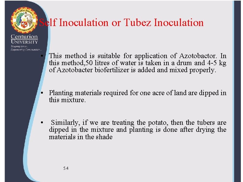 Self Inoculation or Tubez Inoculation • This method is suitable for application of Azotobactor.