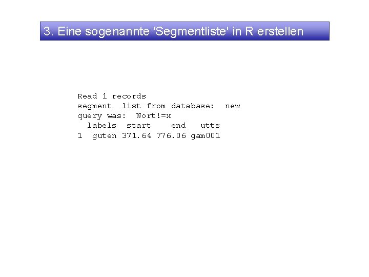 3. Eine sogenannte 'Segmentliste' in R erstellen Read 1 records segment list from database: