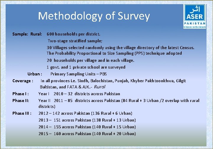 Methodology of Survey Sample: Rural: 600 households per district. Two-stage stratified sample; 30 Villages