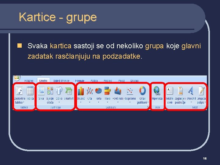 Kartice - grupe n Svaka kartica sastoji se od nekoliko grupa koje glavni zadatak