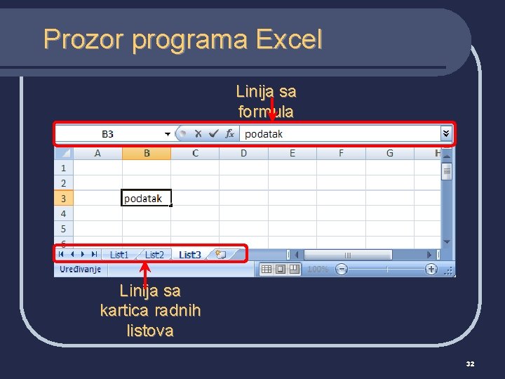 Prozor programa Excel Linija sa formula Linija sa kartica radnih listova 32 