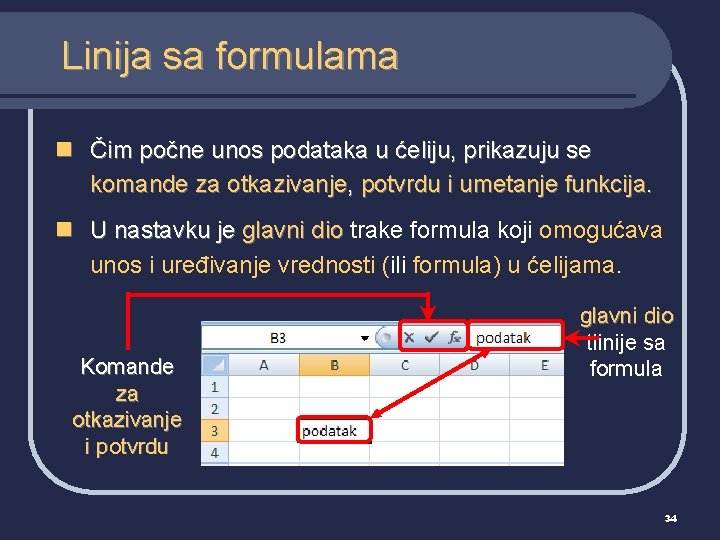 Linija sa formulama n Čim počne unos podataka u ćeliju, prikazuju se komande za
