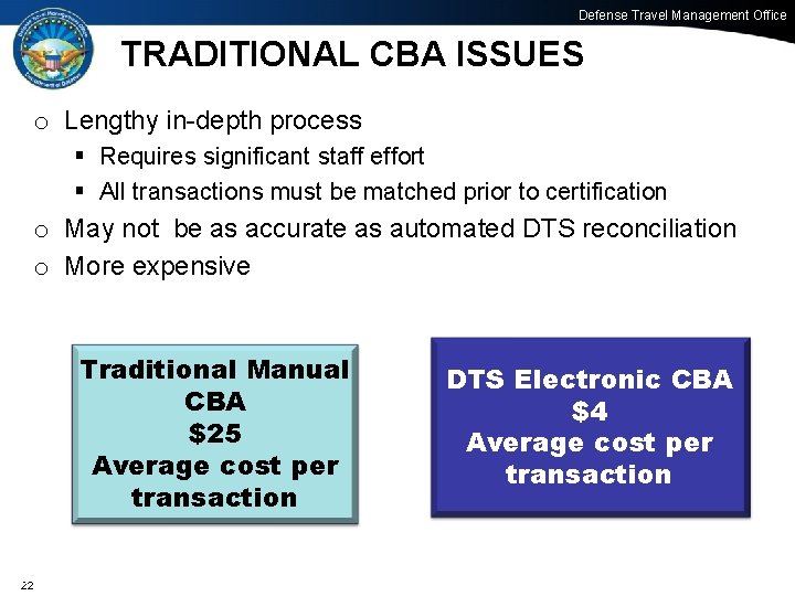 Defense Travel Management Office TRADITIONAL CBA ISSUES o Lengthy in-depth process § Requires significant