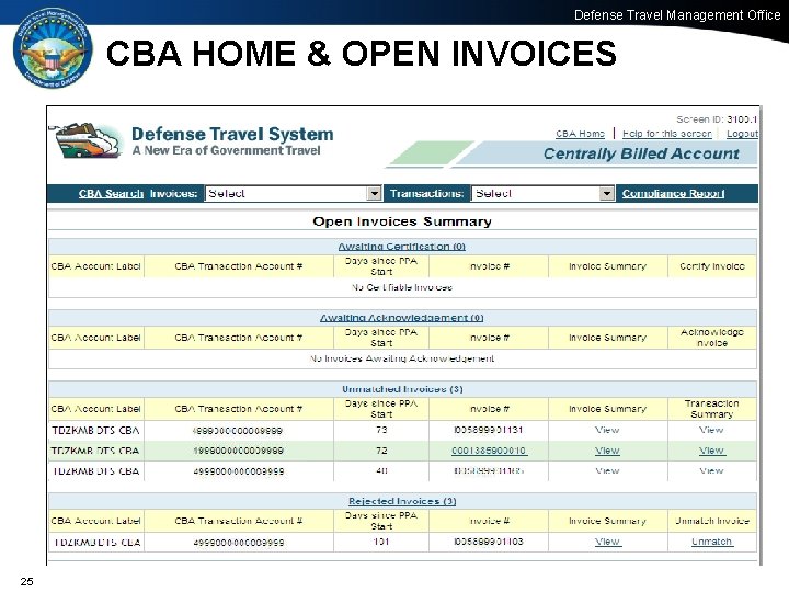 Defense Travel Management Office CBA HOME & OPEN INVOICES 25 25 Office of the