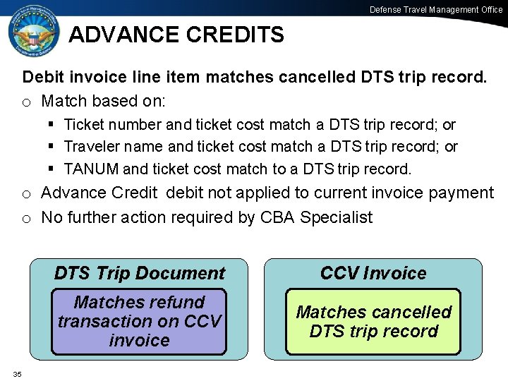 Defense Travel Management Office ADVANCE CREDITS Debit invoice line item matches cancelled DTS trip