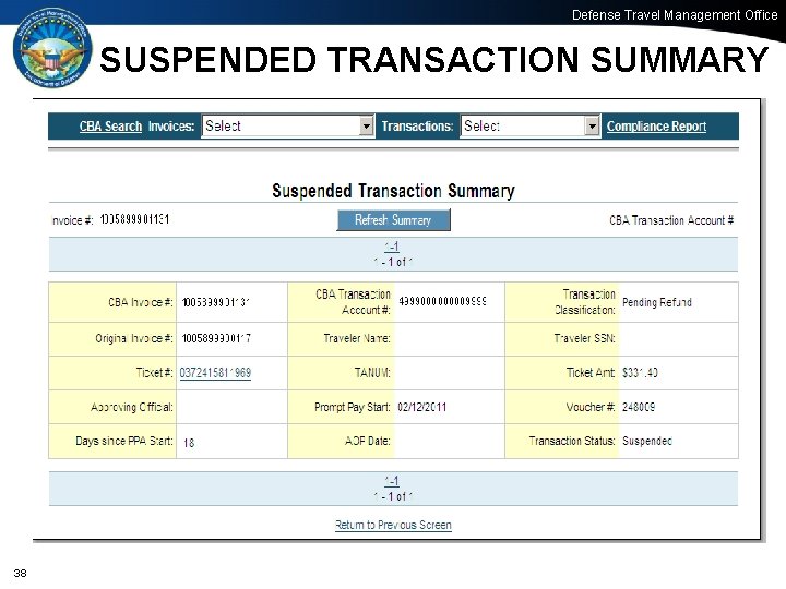 Defense Travel Management Office SUSPENDED TRANSACTION SUMMARY 38 Office of the Under Secretary of