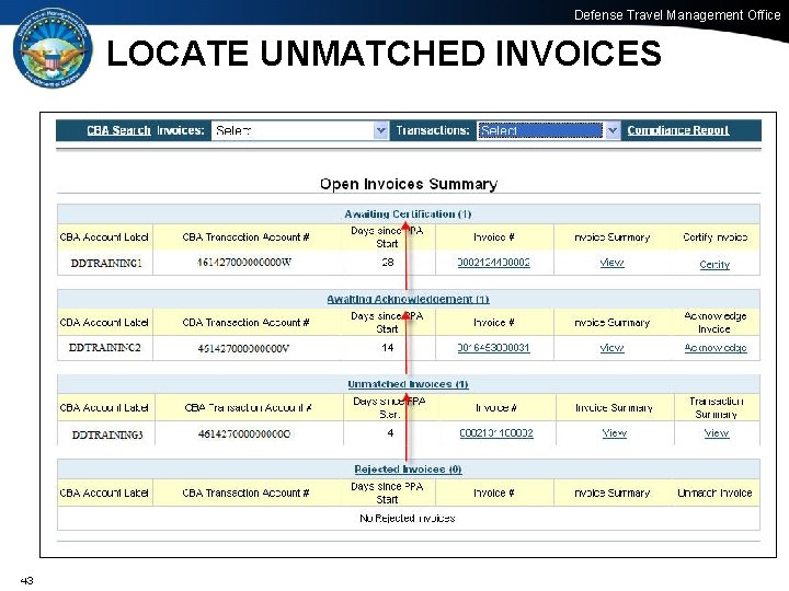 Defense Travel Management Office LOCATE UNMATCHED INVOICES 43 43 Office of the Under Secretary