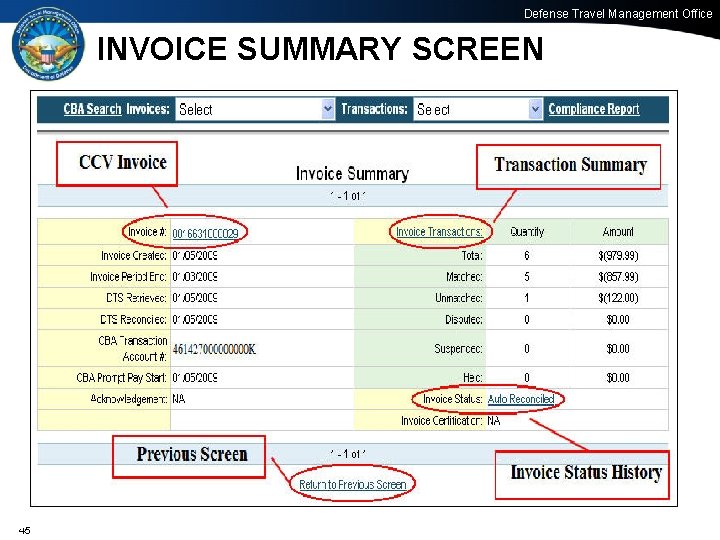 Defense Travel Management Office INVOICE SUMMARY SCREEN 45 45 Office of the Under Secretary