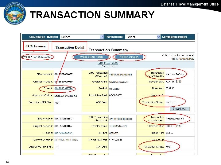 Defense Travel Management Office TRANSACTION SUMMARY 47 47 Office of the Under Secretary of