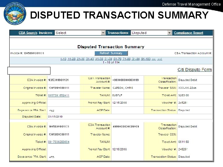 Defense Travel Management Office DISPUTED TRANSACTION SUMMARY 60 Office of the Under Secretary of