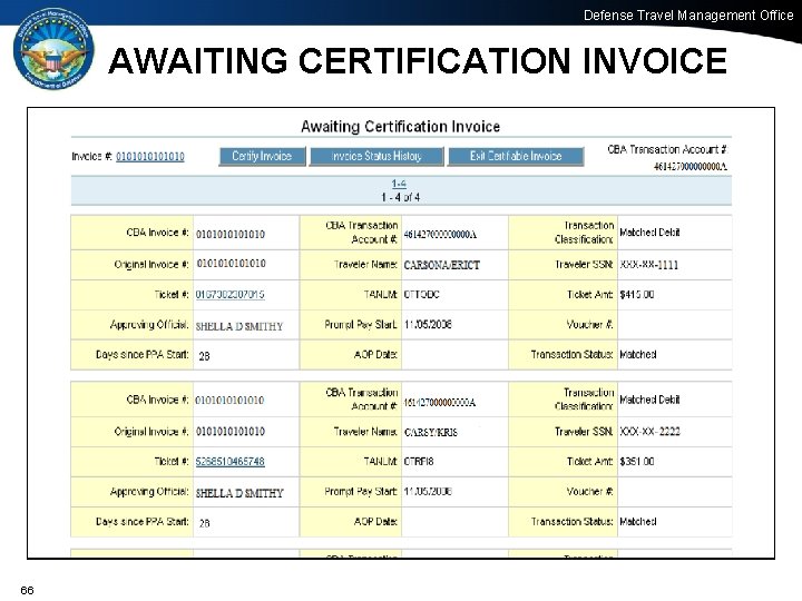 Defense Travel Management Office AWAITING CERTIFICATION INVOICE 66 66 Office of the Under Secretary