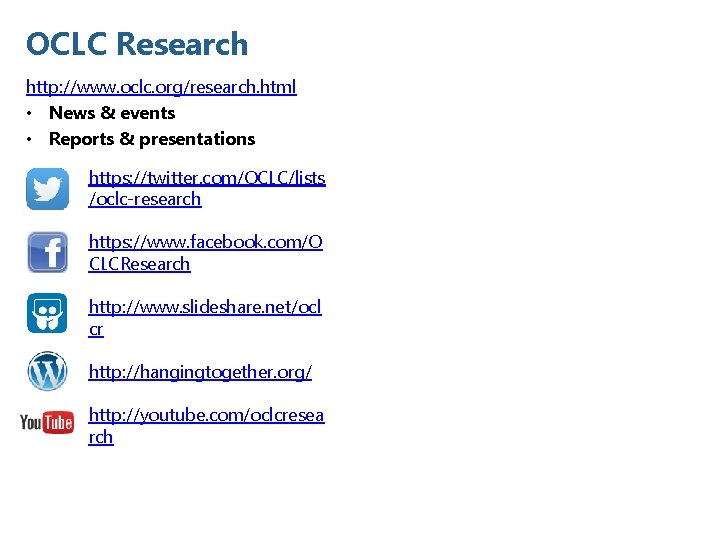 OCLC Research http: //www. oclc. org/research. html • News & events • Reports &