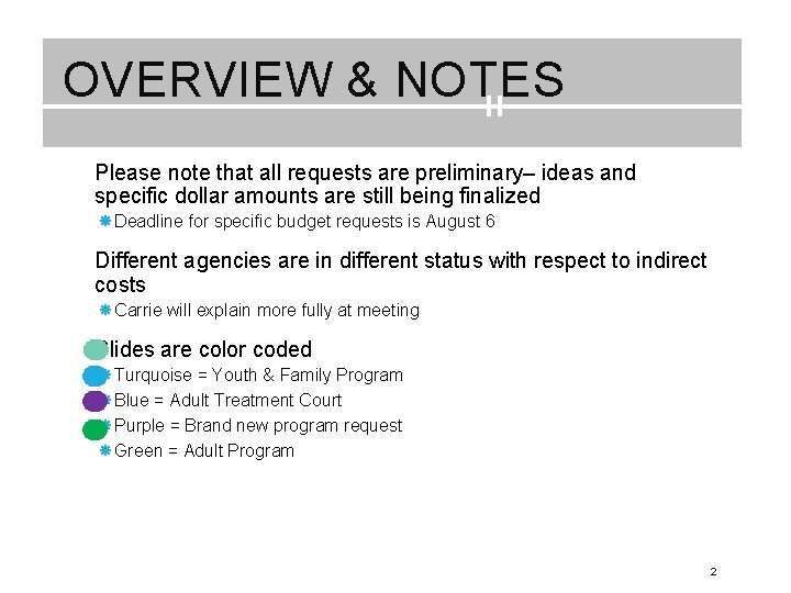 OVERVIEW & NOTES Please note that all requests are preliminary– ideas and specific dollar
