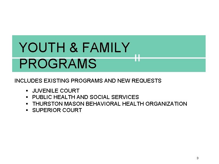 YOUTH & FAMILY PROGRAMS INCLUDES EXISTING PROGRAMS AND NEW REQUESTS § § JUVENILE COURT