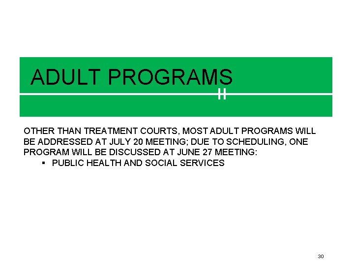 ADULT PROGRAMS OTHER THAN TREATMENT COURTS, MOST ADULT PROGRAMS WILL BE ADDRESSED AT JULY
