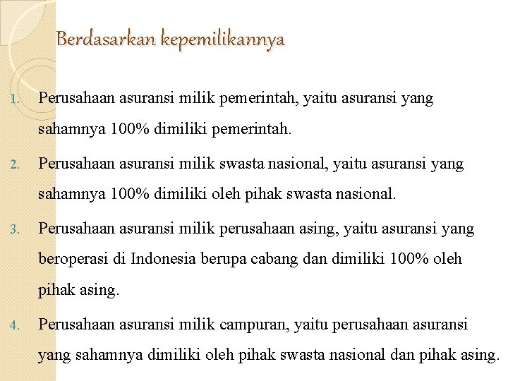 Berdasarkan kepemilikannya 1. Perusahaan asuransi milik pemerintah, yaitu asuransi yang sahamnya 100% dimiliki pemerintah.