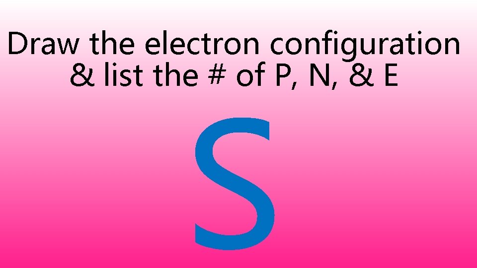 Draw the electron configuration & list the # of P, N, & E S