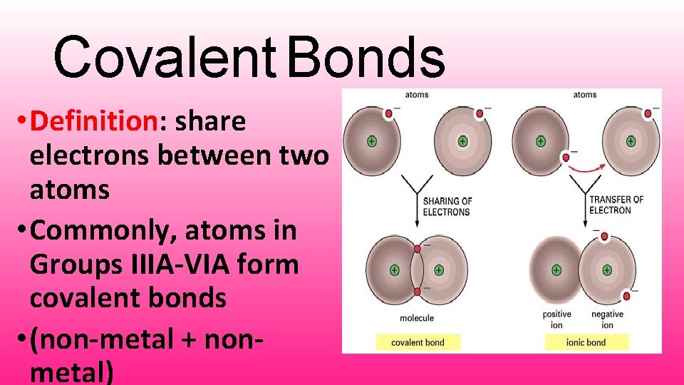 Covalent Bonds • Definition: share electrons between two atoms • Commonly, atoms in Groups