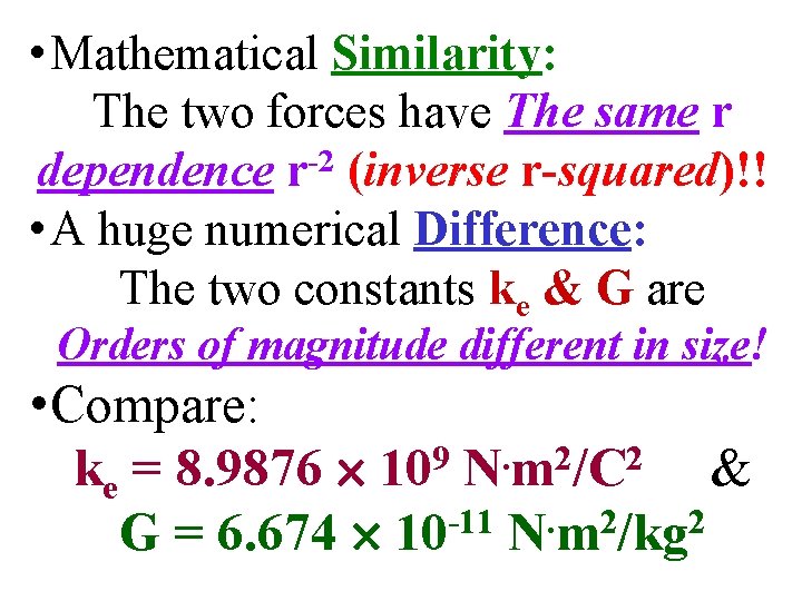  • Mathematical Similarity: The two forces have The same r dependence r-2 (inverse