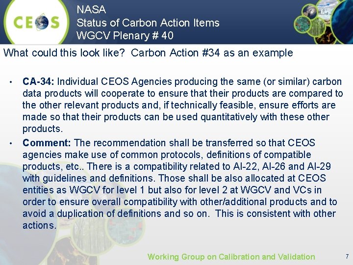 NASA Status of Carbon Action Items WGCV Plenary # 40 What could this look