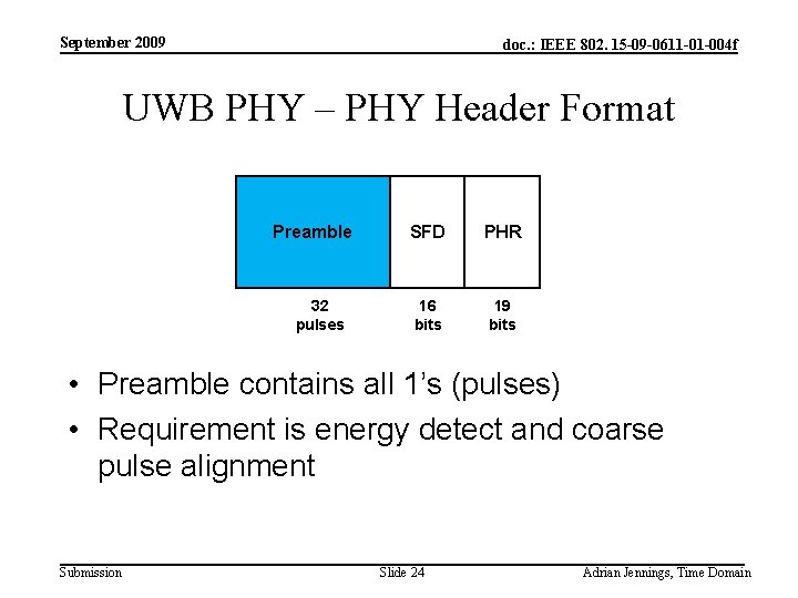 September 2009 doc. : IEEE 802. 15 -09 -0611 -01 -004 f UWB PHY