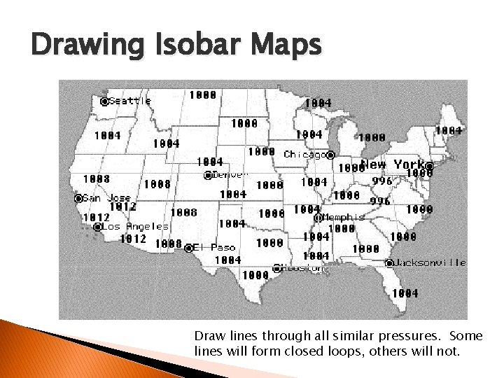 Drawing Isobar Maps Draw lines through all similar pressures. Some lines will form closed