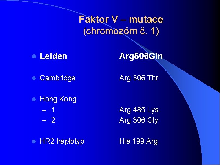 Faktor V – mutace (chromozóm č. 1) l Leiden Arg 506 Gln l Cambridge