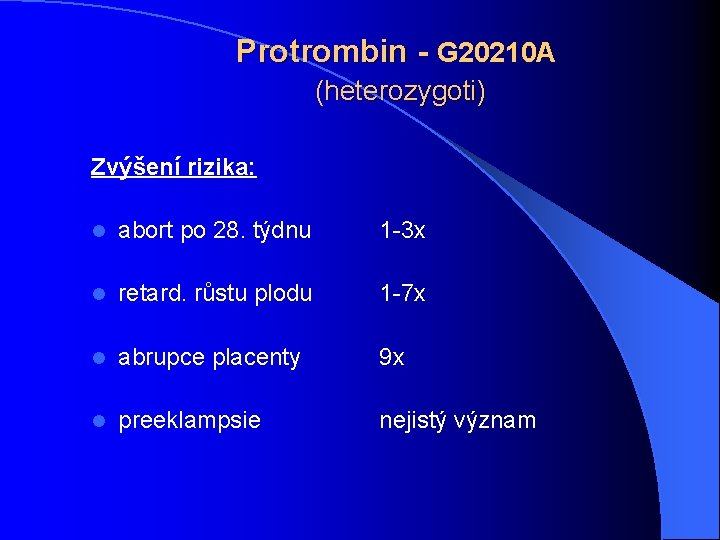 Protrombin - G 20210 A (heterozygoti) Zvýšení rizika: l abort po 28. týdnu 1