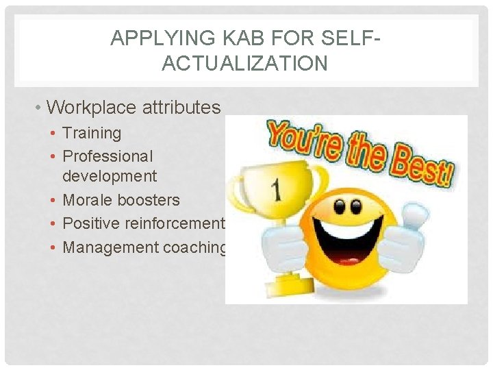 APPLYING KAB FOR SELFACTUALIZATION • Workplace attributes • Training • Professional development • Morale