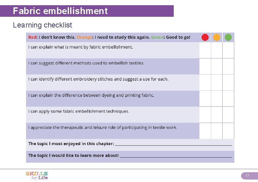 Fabric embellishment Learning checklist 17 