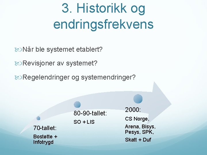 3. Historikk og endringsfrekvens Når ble systemet etablert? Revisjoner av systemet? Regelendringer og systemendringer?