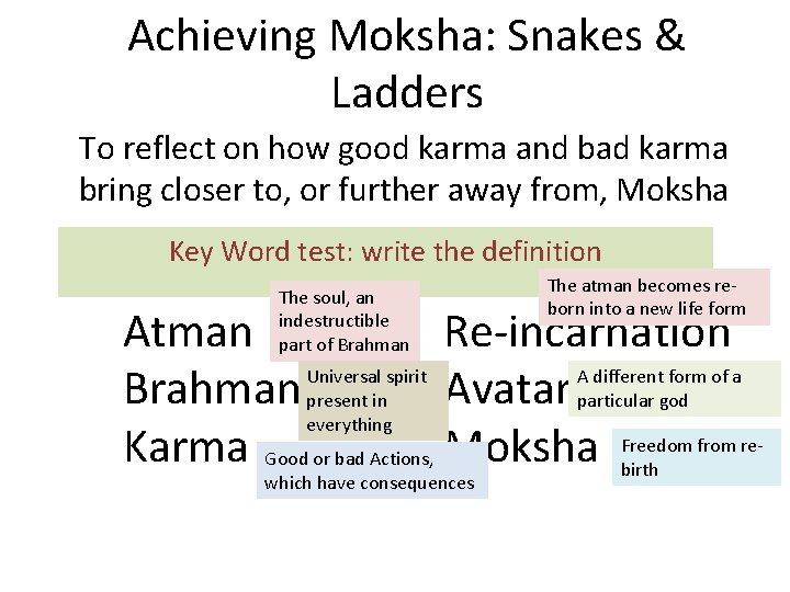 Achieving Moksha: Snakes & Ladders To reflect on how good karma and bad karma