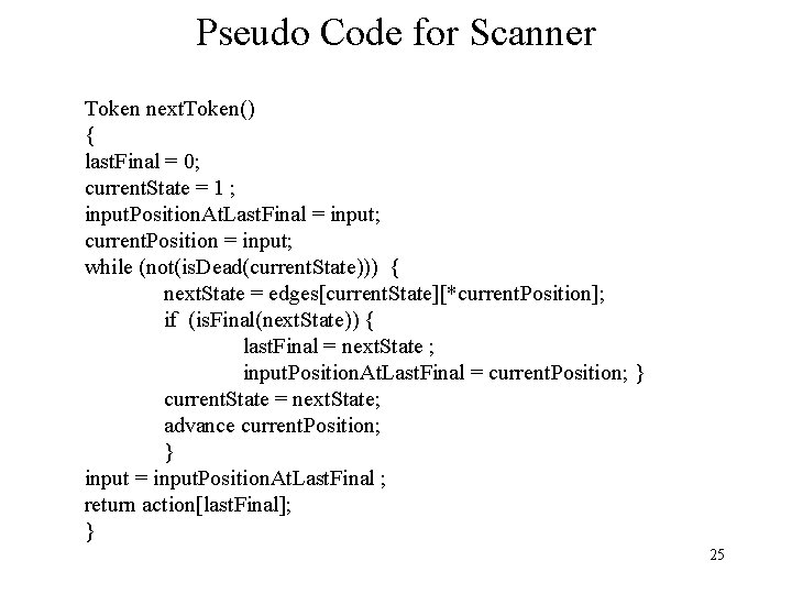 Pseudo Code for Scanner Token next. Token() { last. Final = 0; current. State