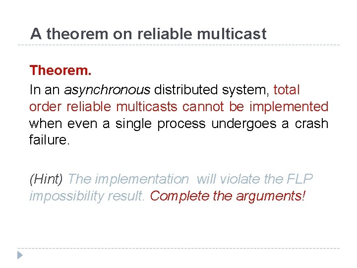 A theorem on reliable multicast Theorem. In an asynchronous distributed system, total order reliable