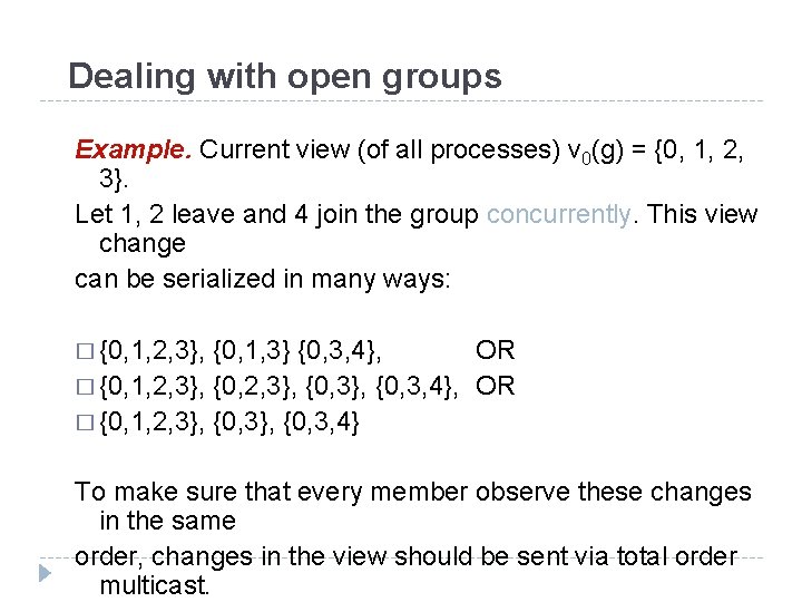 Dealing with open groups Example. Current view (of all processes) v 0(g) = {0,
