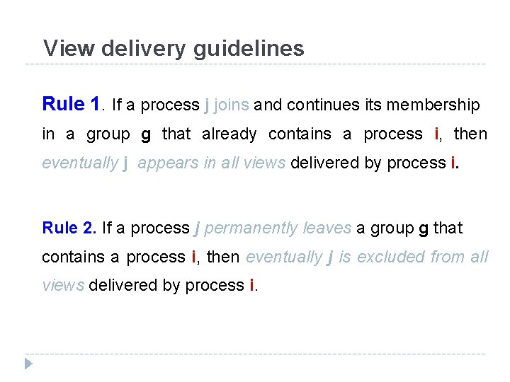 View delivery guidelines Rule 1. If a process j joins and continues its membership