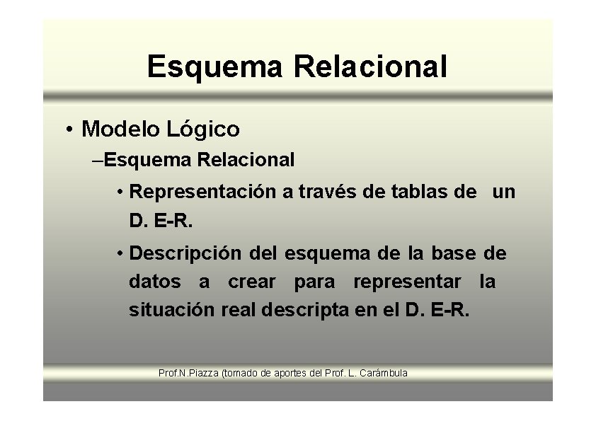 Esquema Relacional • Modelo Lógico –Esquema Relacional • Representación a través de tablas de