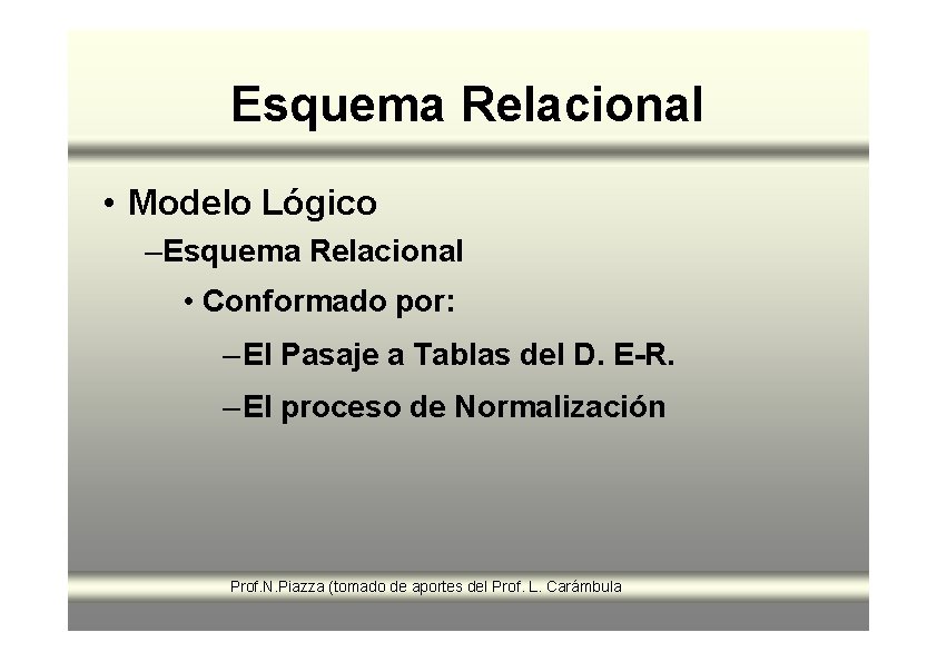 Esquema Relacional • Modelo Lógico –Esquema Relacional • Conformado por: – El Pasaje a