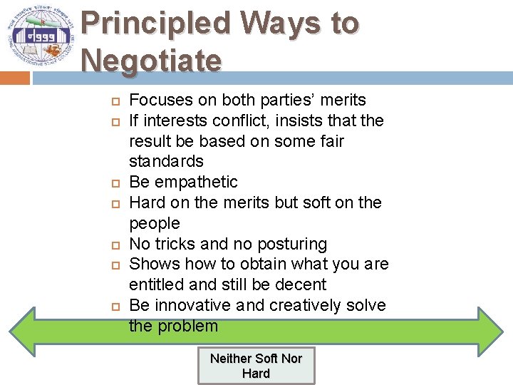 Principled Ways to Negotiate Focuses on both parties’ merits If interests conflict, insists that