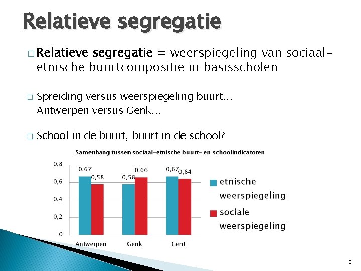 Relatieve segregatie � Relatieve segregatie = weerspiegeling van sociaaletnische buurtcompositie in basisscholen � �