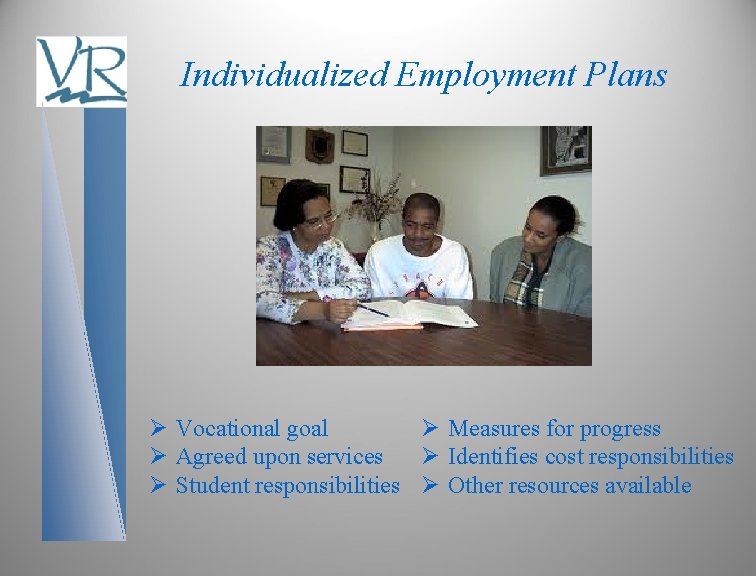 Individualized Employment Plans Ø Vocational goal Ø Measures for progress Ø Agreed upon services