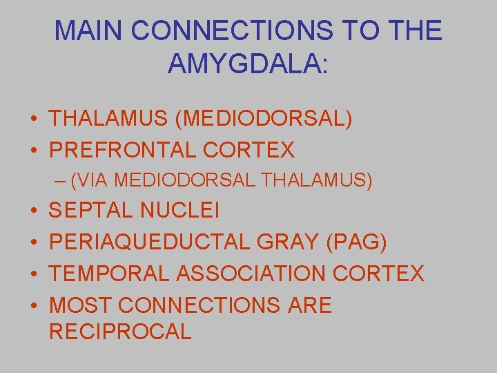 MAIN CONNECTIONS TO THE AMYGDALA: • THALAMUS (MEDIODORSAL) • PREFRONTAL CORTEX – (VIA MEDIODORSAL