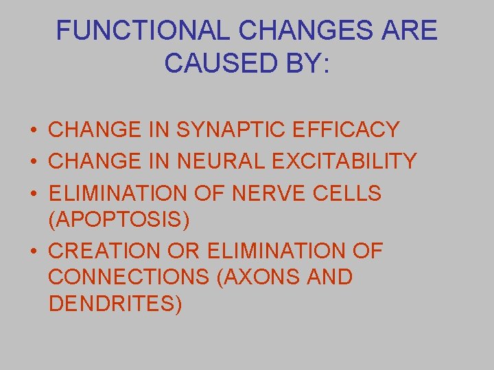 FUNCTIONAL CHANGES ARE CAUSED BY: • CHANGE IN SYNAPTIC EFFICACY • CHANGE IN NEURAL
