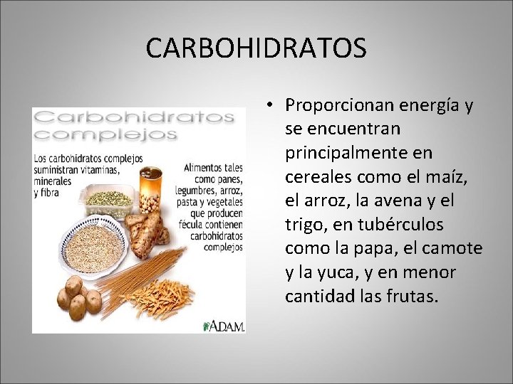 CARBOHIDRATOS • Proporcionan energía y se encuentran principalmente en cereales como el maíz, el