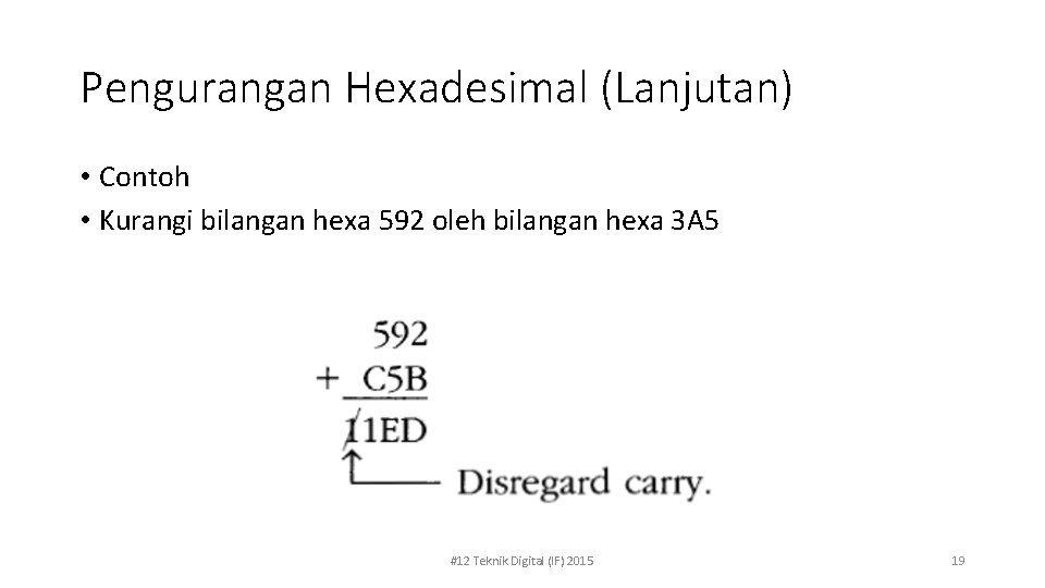 Pengurangan Hexadesimal (Lanjutan) • Contoh • Kurangi bilangan hexa 592 oleh bilangan hexa 3