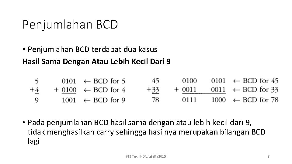 Penjumlahan BCD • Penjumlahan BCD terdapat dua kasus Hasil Sama Dengan Atau Lebih Kecil