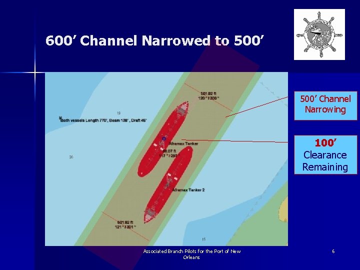 600’ Channel Narrowed to 500’ Channel Narrowing 100’ Clearance Remaining Associated Branch Pilots for