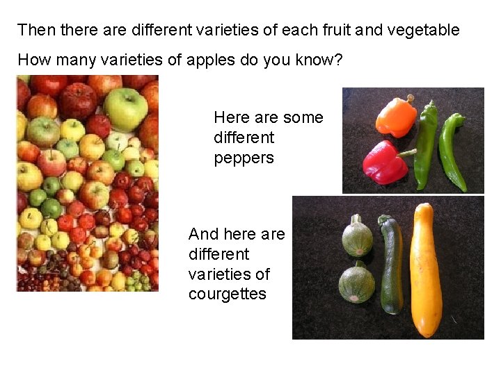 Then there are different varieties of each fruit and vegetable How many varieties of