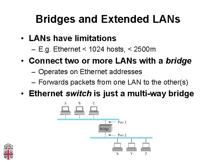 Bridges and Extended LANs • LANs have limitations – E. g. Ethernet < 1024