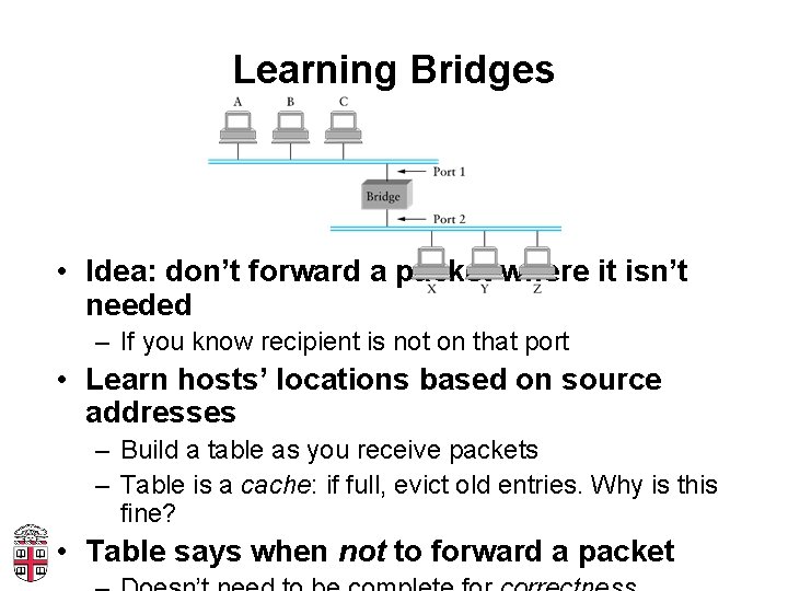 Learning Bridges • Idea: don’t forward a packet where it isn’t needed – If